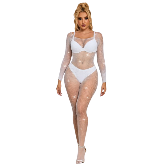 SUBBLIME - 952396 BODYSTOCKING DE REJILLA CON DIAMANTES MANGA LARGA BLANCO TALLA ÚNICA