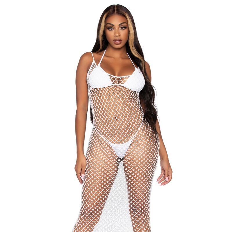 LEG AVENUE - ZWARTE GEVLOCHTEN MESH MAXI-JURK MET OPEN RUG