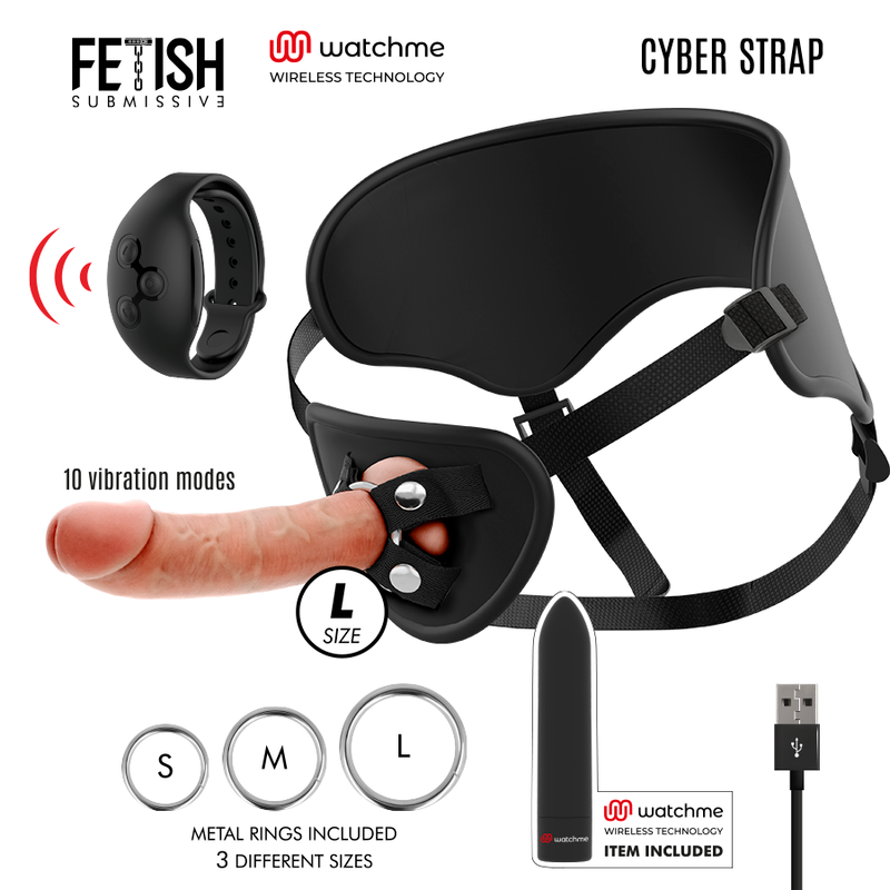 FETISH ONDERDANIGE CYBER STRAP - HARNAS MET DILDO EN KOGEL AFSTANDSBEDIENING WATCHME L TECHNOLOGIE