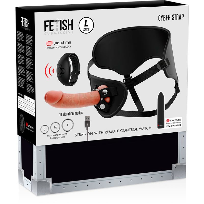 FETISH ONDERDANIGE CYBER STRAP - HARNAS MET DILDO EN KOGEL AFSTANDSBEDIENING WATCHME L TECHNOLOGIE