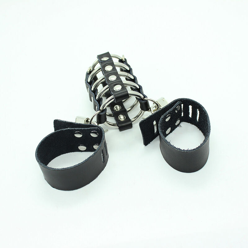 OHMAMA FETISH - PENISKOOI MET METALEN RINGEN EN LEDEREN BANDEN