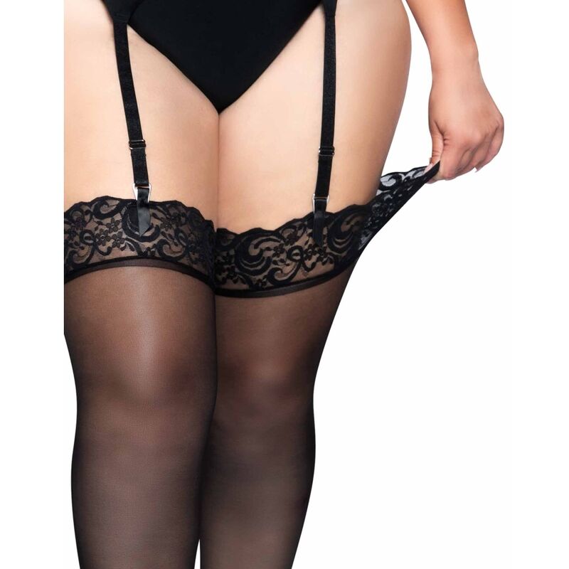 LEG AVENUE - OUTLET - ZWARTE NYLON KOUSEN MET KANTEN TOP PLUS