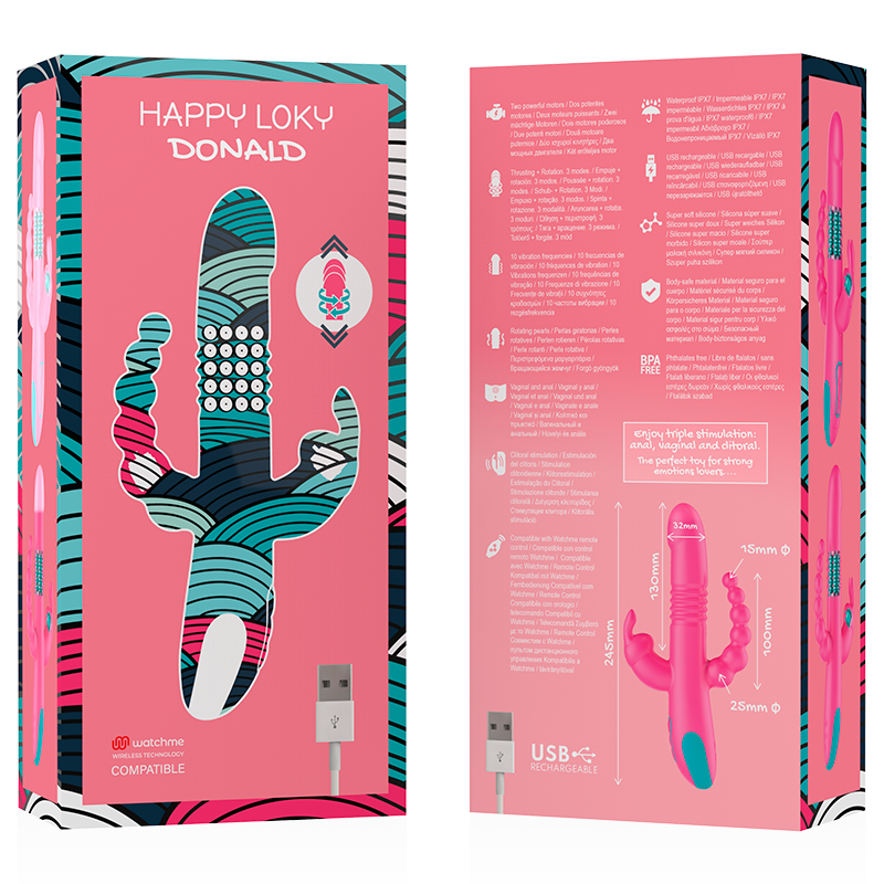 HAPPY LOKY - DONALD DRIEVOUDIGE STIMULATIE: ANAAL, G-SPOT &amp; CLITORIS COMPATIBEL MET WATCHME DRAADLOZE TECHNOLOGIE