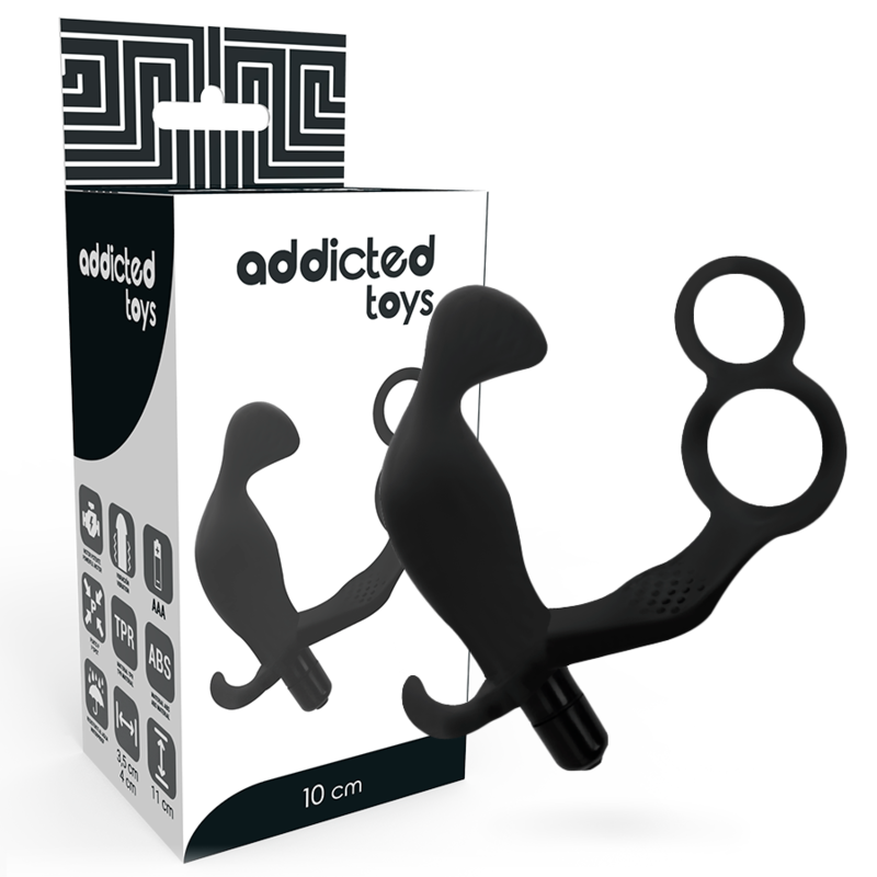 ADDICTED TOYS - ANALE PLUG MET DUBBELE RING, PENIS EN TESTIKELEN, ZWART