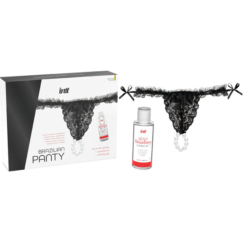 INTT RELEASES - ZWARTE BRAZILIAANSE PANTY MET PARELS EN GLIJMIDDEL 50 ML