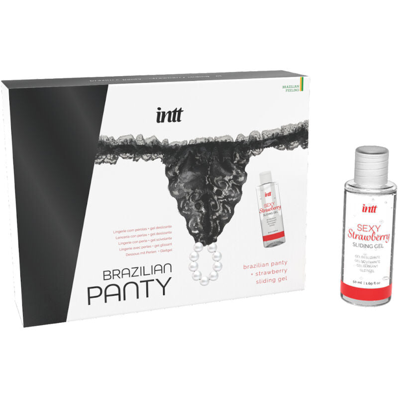 INTT RELEASES - ZWARTE BRAZILIAANSE PANTY MET PARELS EN GLIJMIDDEL 50 ML