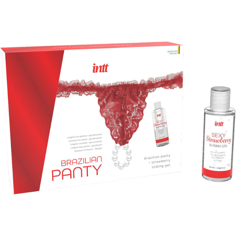 INTT RELEASES - RODE BRAZILIAANSE PANTY MET PARELS EN GLIJMIDDEL 50 ML