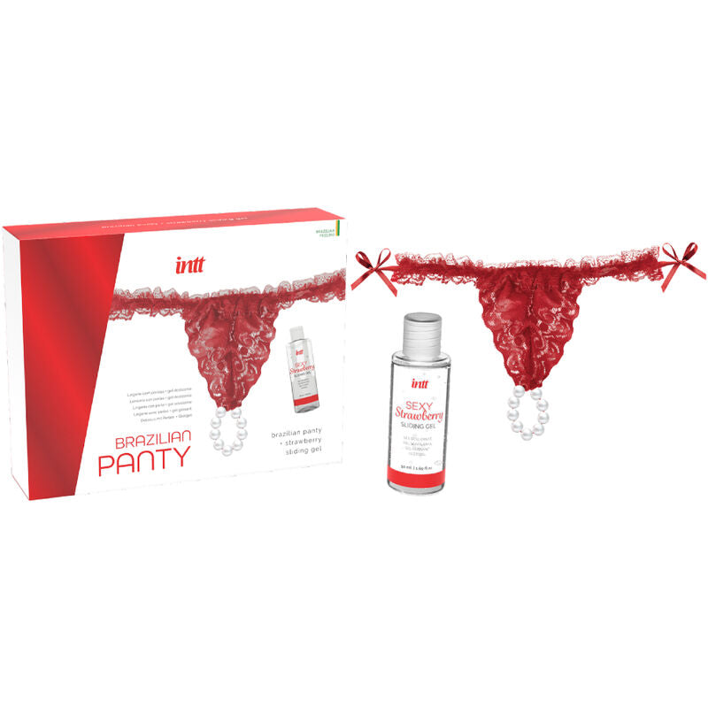 INTT RELEASES - RODE BRAZILIAANSE PANTY MET PARELS EN GLIJMIDDEL 50 ML