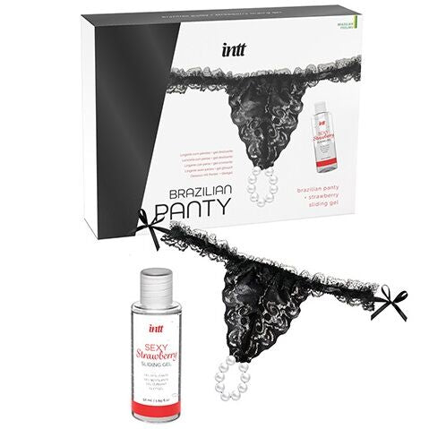 INTT RELEASES - ZWARTE BRAZILIAANSE PANTY MET PARELS EN GLIJMIDDEL 50 ML