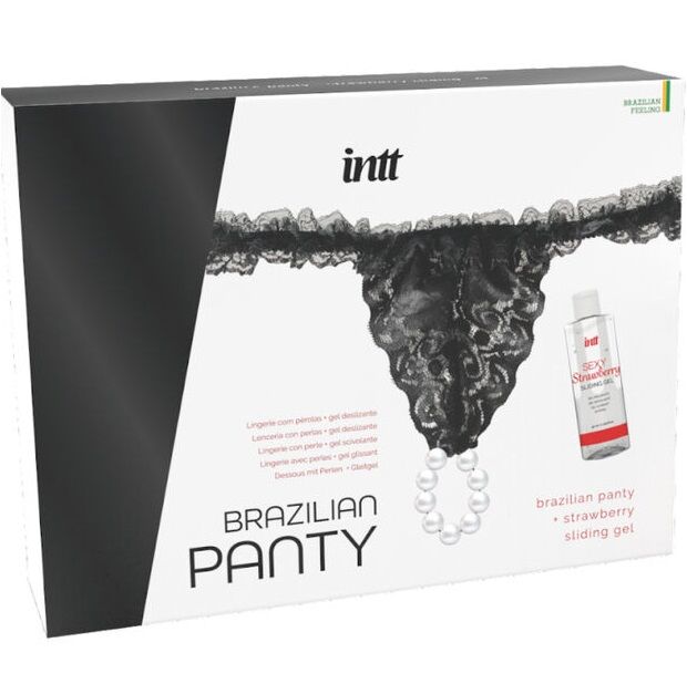 INTT RELEASES - ZWARTE BRAZILIAANSE PANTY MET PARELS EN GLIJMIDDEL 50 ML