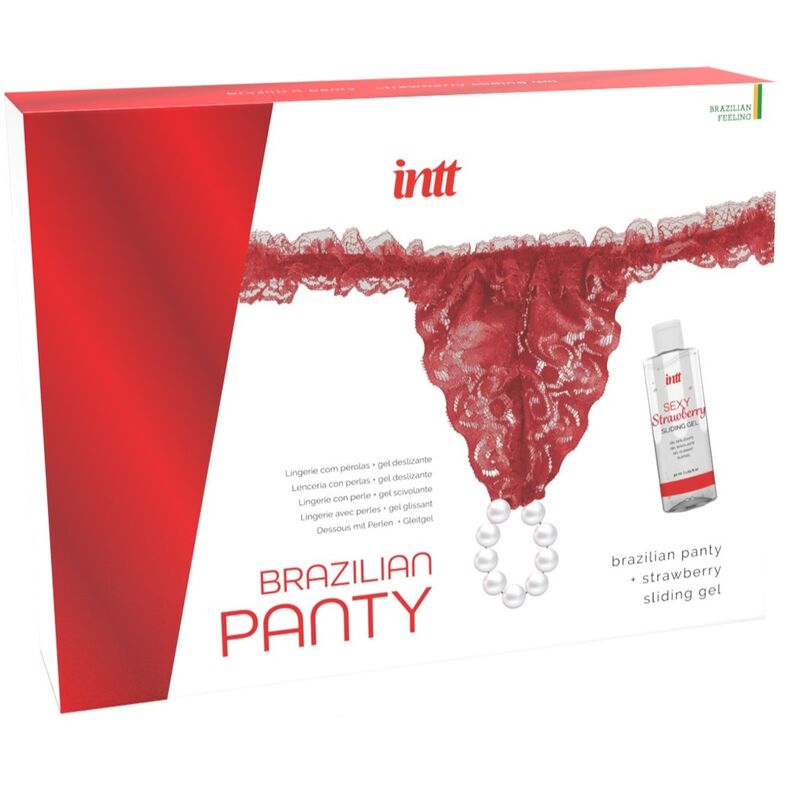 INTT RELEASES - RODE BRAZILIAANSE PANTY MET PARELS EN GLIJMIDDEL 50 ML