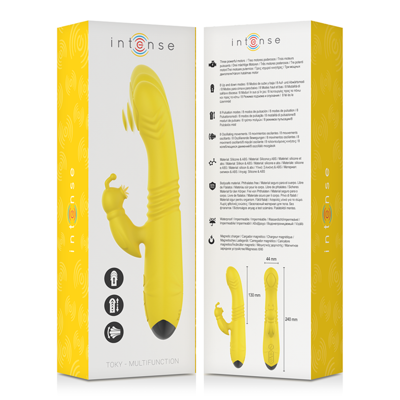 INTENSE - TOKY OPLAADBARE MULTIFUNCTIONELE VIBRATOR OP EN NEER MET CLITORALE STIMULATOR GEEL