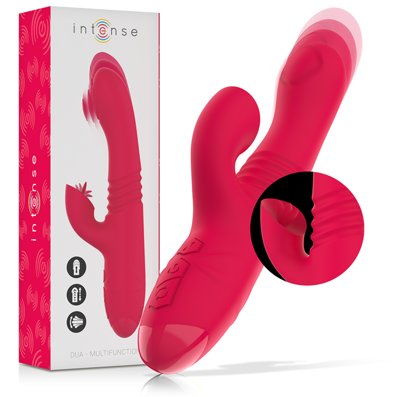 INTENSE - DUA OPLAADBARE MULTIFUNCTIONELE VIBRATOR OP EN NEER MET TONG ROOD