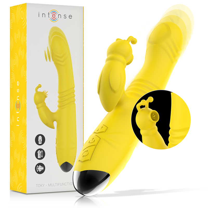 INTENSE - TOKY OPLAADBARE MULTIFUNCTIONELE VIBRATOR OP EN NEER MET CLITORALE STIMULATOR GEEL
