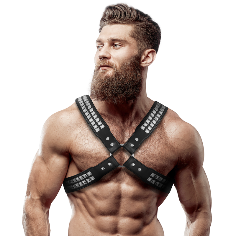 FETISH SUBMISSIVE ATTITUDE - ECO-LEDEREN CROSS-BORSTHARNESS MET KLINKNAGELS VOOR HEREN