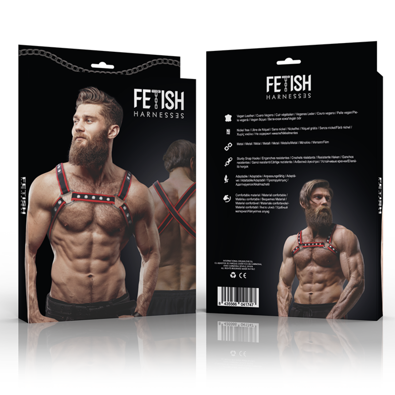 FETISH ONDERDANIGE ATTITUDE - BULLDOG HARNESS ECO-LEER BORST MANNEN ZWART/ROOD