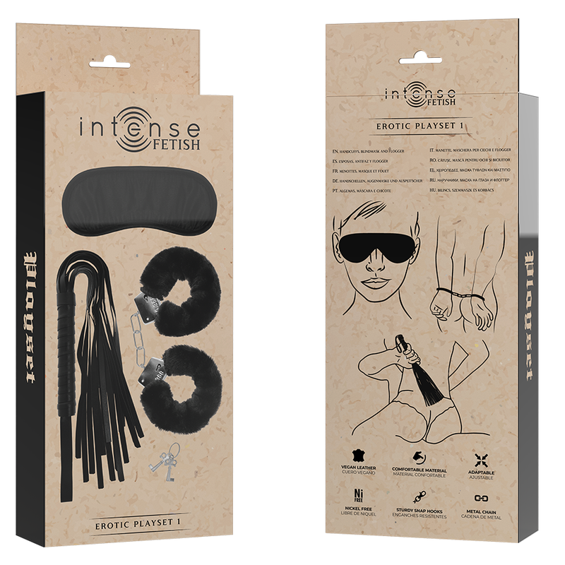 INTENSE - FETISH EROTISCHE SET 1 MET HANDBOEIEN, BLINDDOEK EN VEGAN LEDEREN ZWEEP