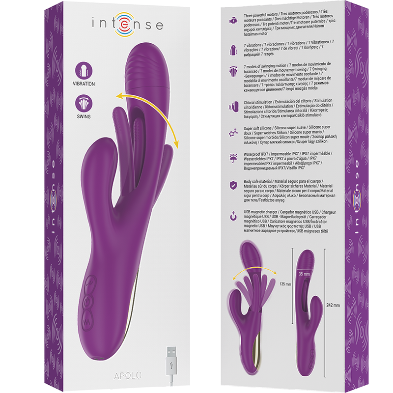 INTENSE - APOLLO OPLAADBARE MULTIFUNCTIONELE VIBRATOR 7 VIBRATIES MET ZWAAIENDE TONG PAARS