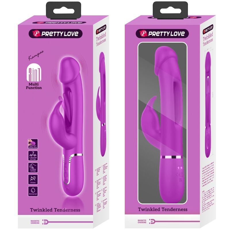 PRETTY LOVE - KAMPAS 3-IN-1 MULTIFUNCTIONELE KONIJNENVIBRATOR MET FUCHSIA TONG
