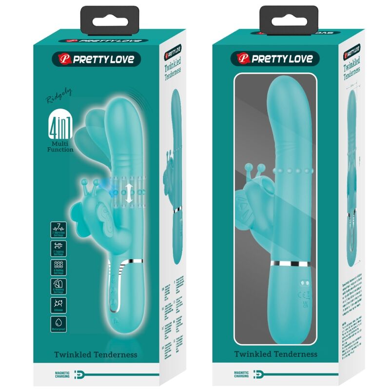 PRETTY LOVE - 4-IN-1 MULTIFUNCTIONELE KONIJNENVIBRATOR, AQUA GREEN BUTTERFLY