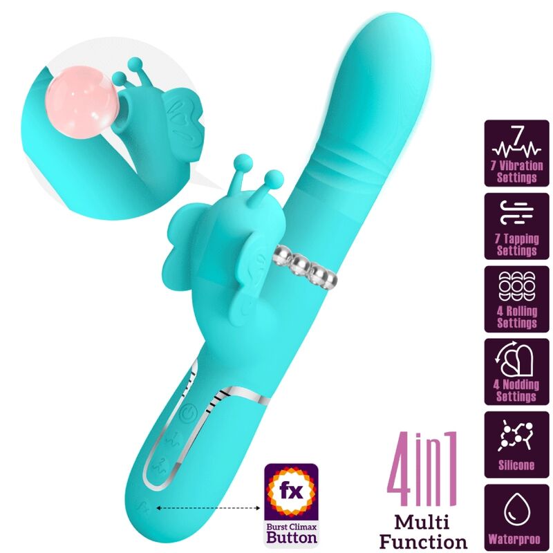 PRETTY LOVE - 4-IN-1 MULTIFUNCTIONELE KONIJNENVIBRATOR, AQUA GREEN BUTTERFLY