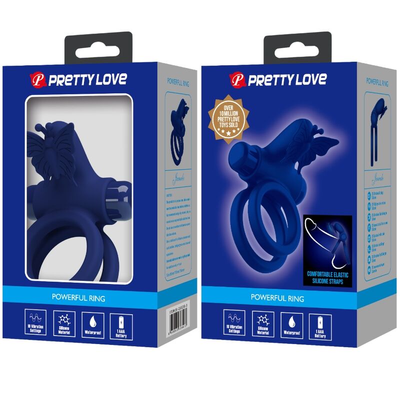 PRETTY LOVE - JAMELE DUBBELE RING MET VIBRATIE &amp; BLAUWE VLINDERSTIMULATOR