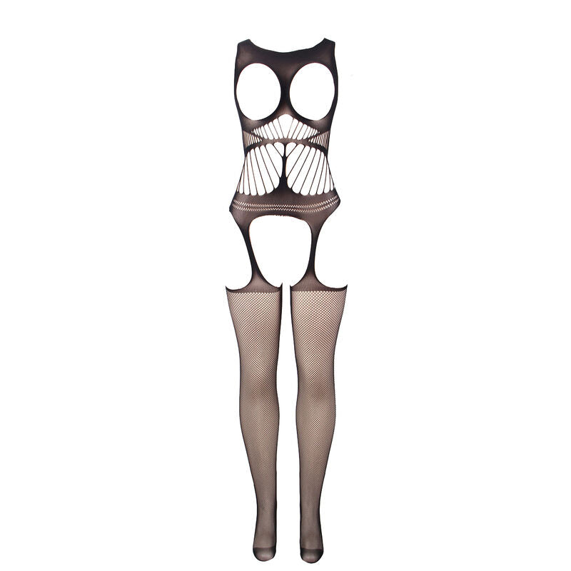 SUBBLIME - 951900 Kruisloze mesh bodystocking met open schouders en cup, zwart, één maat