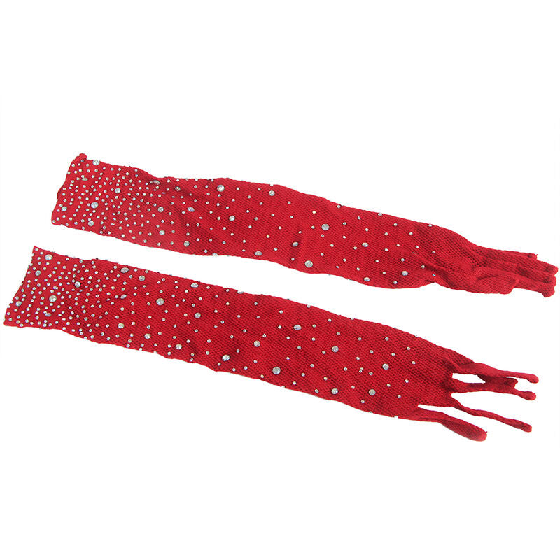 SUBBLIME - 952181 MESH BODYSTOCKING MET HANDSCHOENEN EN DIAMANTEN ROOD ONE SIZE
