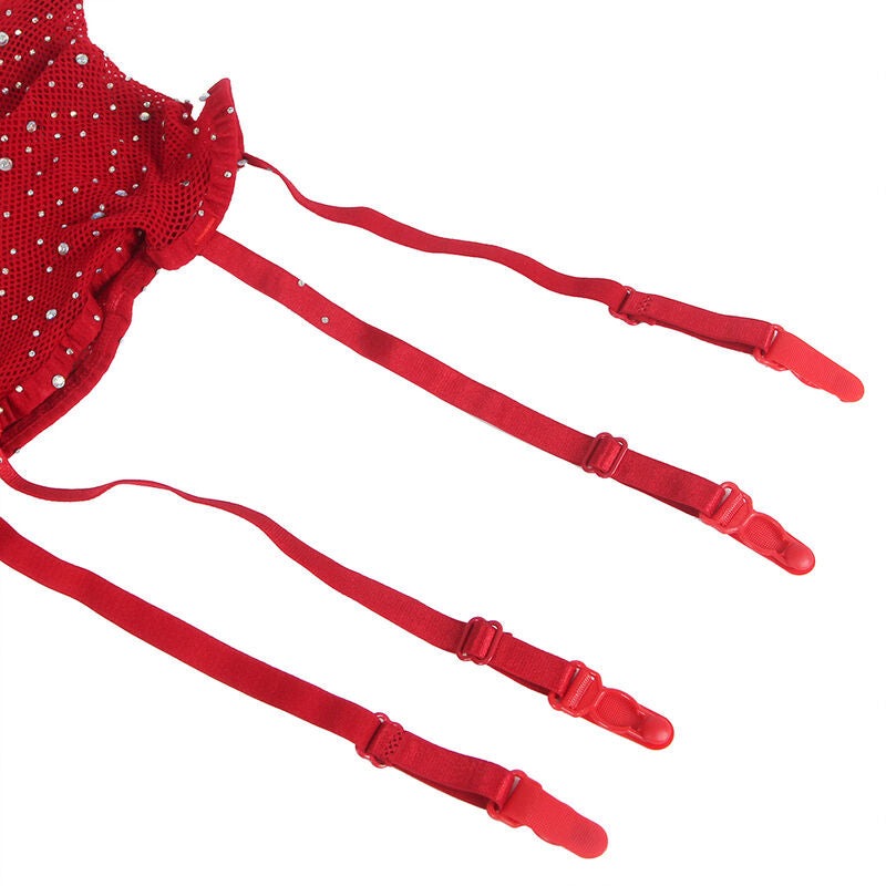 SUBBLIME - 952181 MESH BODYSTOCKING MET HANDSCHOENEN EN DIAMANTEN ROOD ONE SIZE