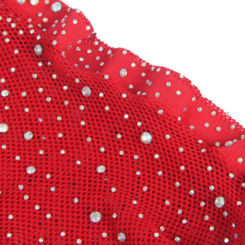 SUBBLIME - 952181 MESH BODYSTOCKING MET HANDSCHOENEN EN DIAMANTEN ROOD ONE SIZE