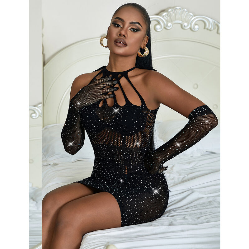 SUBBLIME - 952235 ZWARTE STRASS MESH JURK ONE SIZE