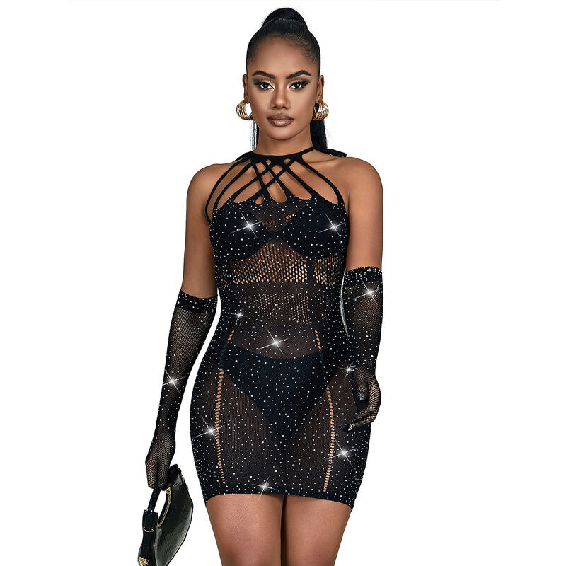 SUBBLIME - 952235 ZWARTE STRASS MESH JURK ONE SIZE