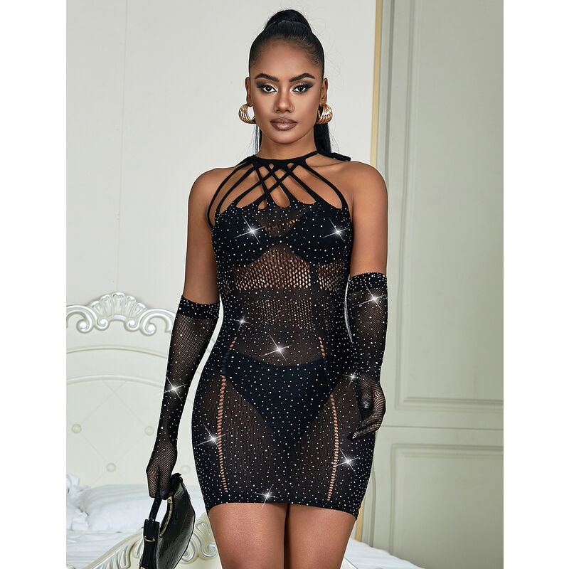 SUBBLIME - 952235 ZWARTE STRASS MESH JURK ONE SIZE