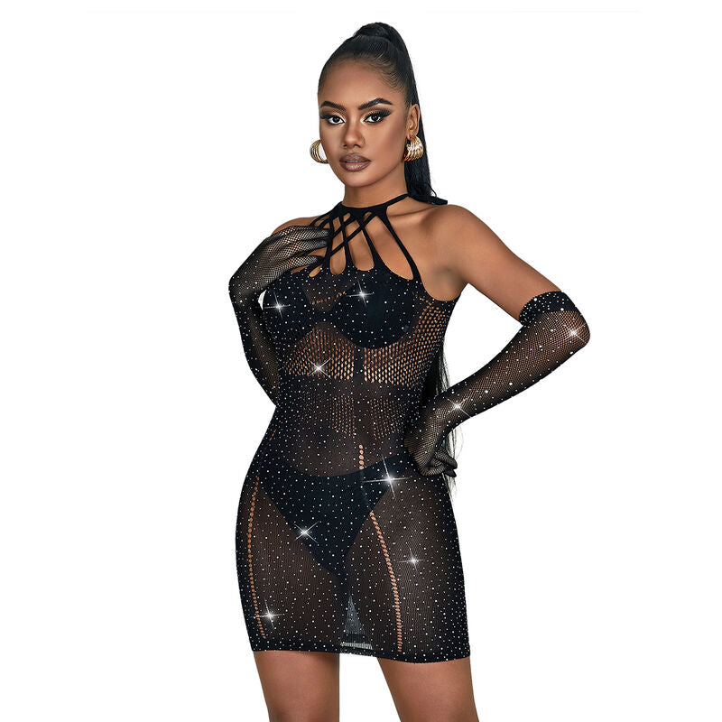 SUBBLIME - 952235 ZWARTE STRASS MESH JURK ONE SIZE