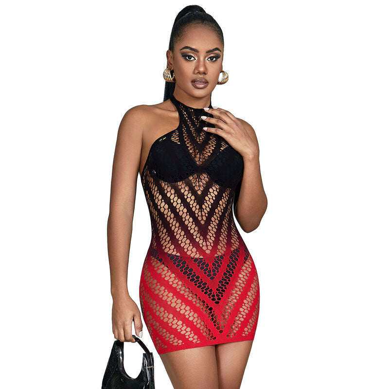 SUBBLIME - 952242 ROOD EN ZWART VERLOOP STRETCH MESH JURK ONE SIZE
