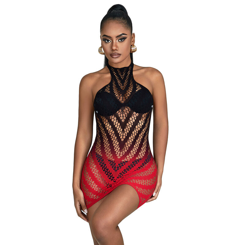SUBBLIME - 952242 ROOD EN ZWART VERLOOP STRETCH MESH JURK ONE SIZE
