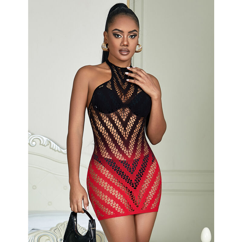 SUBBLIME - 952242 ROOD EN ZWART VERLOOP STRETCH MESH JURK ONE SIZE