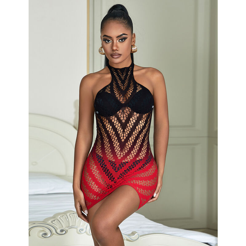SUBBLIME - 952242 ROOD EN ZWART VERLOOP STRETCH MESH JURK ONE SIZE