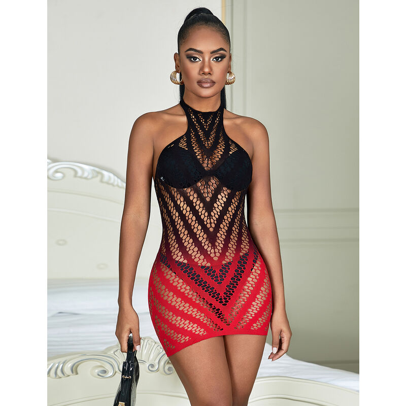 SUBBLIME - 952242 ROOD EN ZWART VERLOOP STRETCH MESH JURK ONE SIZE
