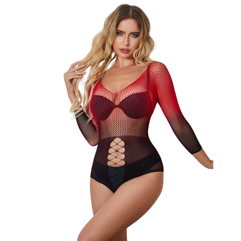 SUBBLIME - 952259 STRETCH MESH JURK LANGE MOUW ROOD EN ZWART VERLOOP ONE SIZE