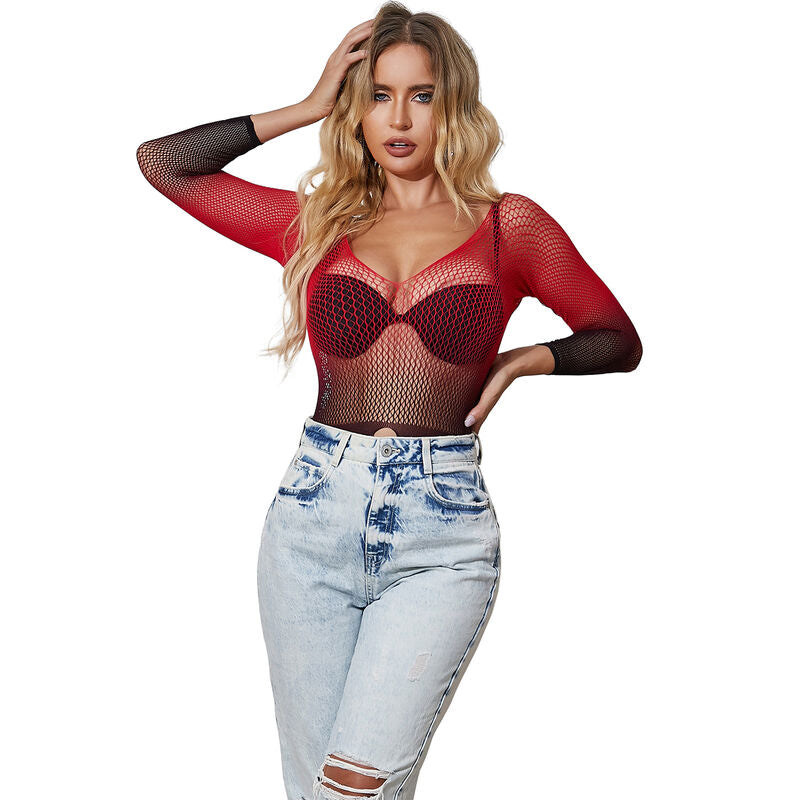 SUBBLIME - 952259 STRETCH MESH JURK LANGE MOUW ROOD EN ZWART VERLOOP ONE SIZE