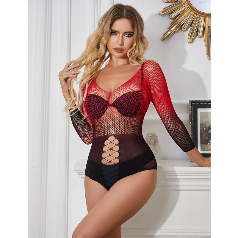 SUBBLIME - 952259 STRETCH MESH JURK LANGE MOUW ROOD EN ZWART VERLOOP ONE SIZE