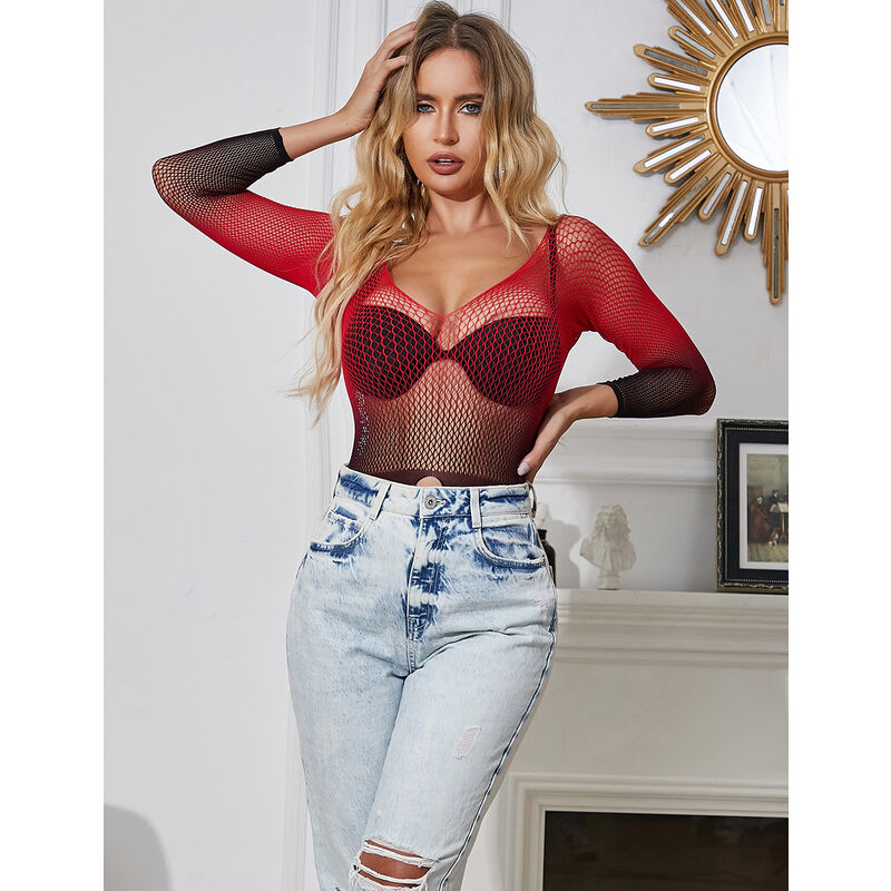 SUBBLIME - 952259 STRETCH MESH JURK LANGE MOUW ROOD EN ZWART VERLOOP ONE SIZE