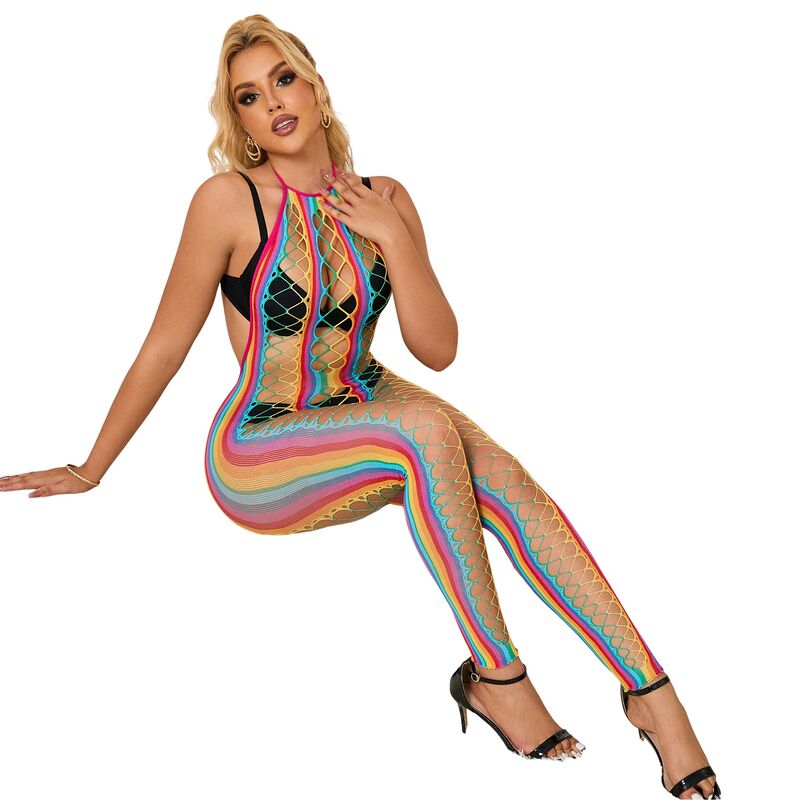 SUBBLIME - 952358 REGENBOOG HALTERNEK MESH BODYSTOCKING XS/M