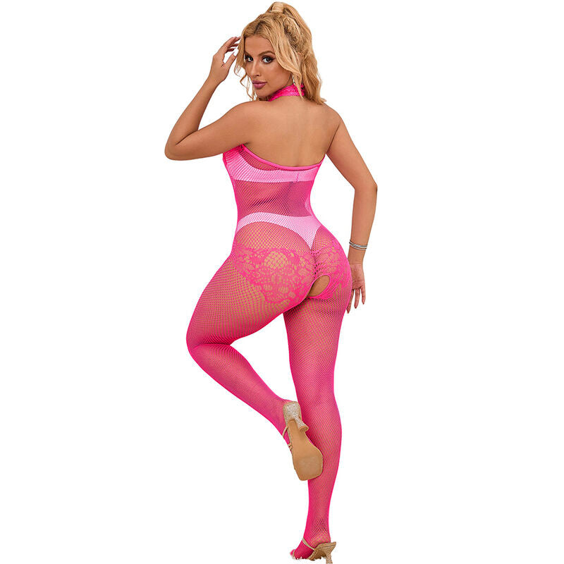 SUBBLIME - 952389 Kruisloze kanten en visnet bodystocking met hoge hals roze one size