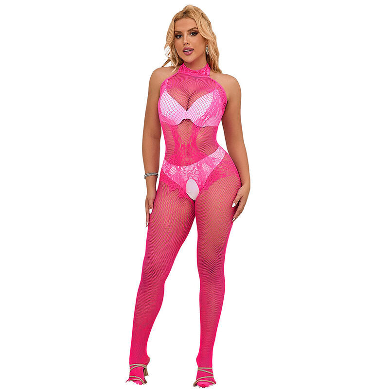 SUBBLIME - 952389 Kruisloze kanten en visnet bodystocking met hoge hals roze one size