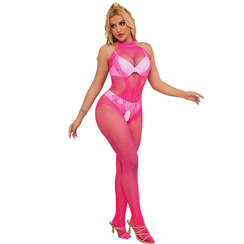 SUBBLIME - 952389 Kruisloze kanten en visnet bodystocking met hoge hals roze one size