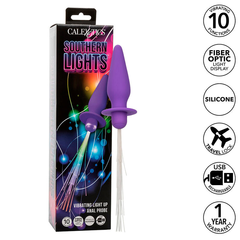 CALEXOTICS - SOUTHERN LIGHTS VERLICHTENDE ANALE PLUG MET LICHTEN, 10 VIBRATIES, PAARSE SILICONEN
