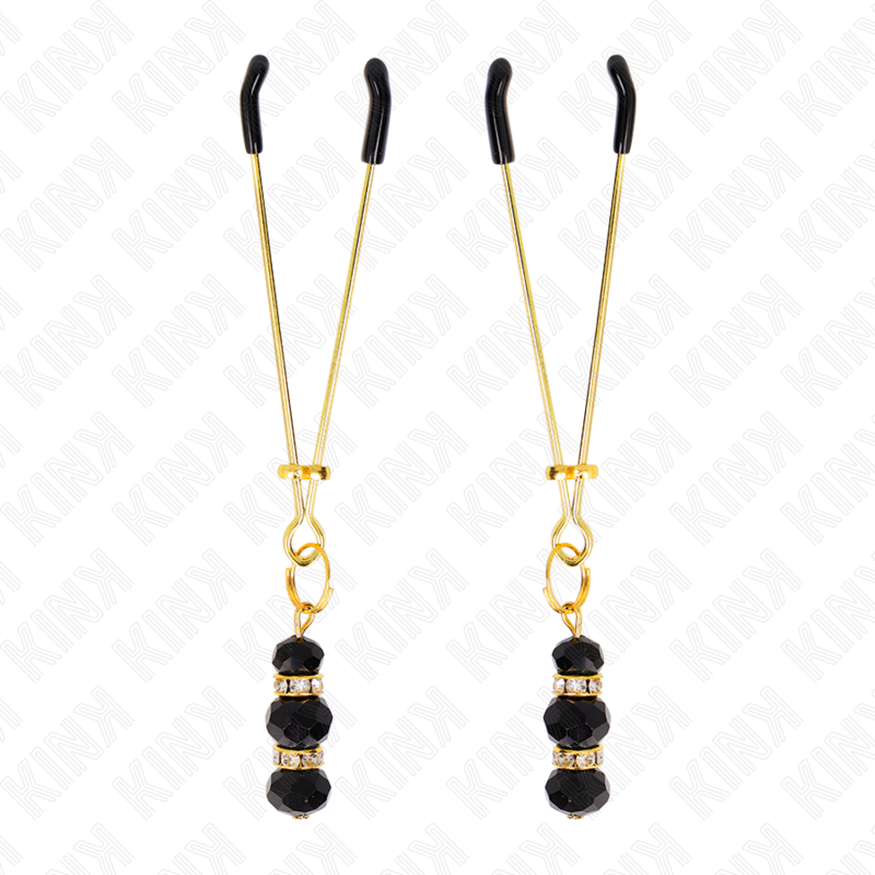 KINK - FIJNE GOUDEN TEPELKLEMMEN MET DRIEVOUDIGE ZWARTE GLAZEN BOL 7 CM