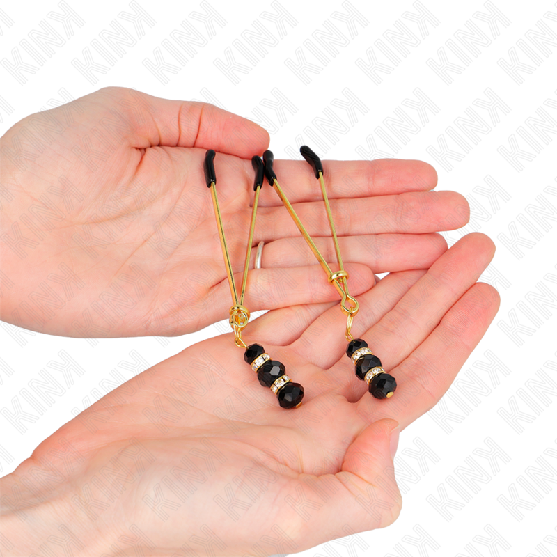 KINK - FIJNE GOUDEN TEPELKLEMMEN MET DRIEVOUDIGE ZWARTE GLAZEN BOL 7 CM